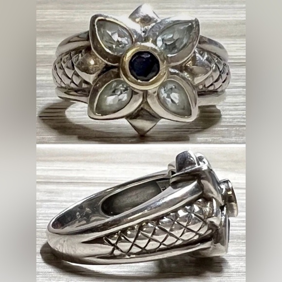 Nancy & David Sterling Silver & 14K Gold Blue Topaz & Sapphire Ring, Size 8 - Picture 1 of 10